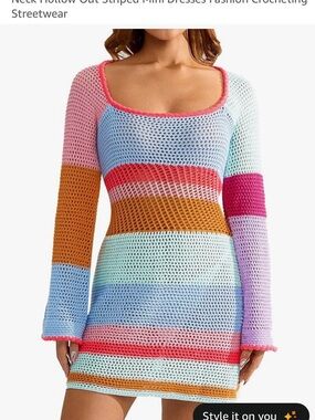 Colorblock Crochet Mini Dress - Multicolor Stripes